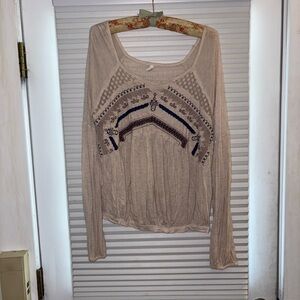 Urban Outfitters Beige and Navy Embroidered Blouse